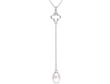 White Freshwater Cultured Pearl 8-8.5 mm and White Topaz Quatrefoil Drop Pendant in Sterling Silver with Chain