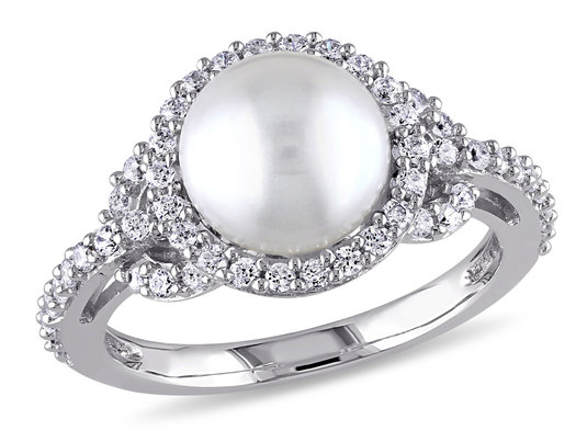 White Freshwater Cultured Pearl 8.5-9mm and Cubic Zirconia Halo Ring In Sterling Silver