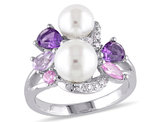 White Freshwater Cultured Pearl Ring with Amethyst, Created Pink & White Sapphire and Rose De France In Sterling Silver