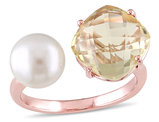 White Freshwater Cultured Pearl and Lemon Quartz Ring In Rose Plated Sterling Silver