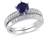 1.00 Carat (ctw) Lab-Created Blue Sapphire  with Diamonds Bridal Wedding Set Engagement Ring 10K White Gold