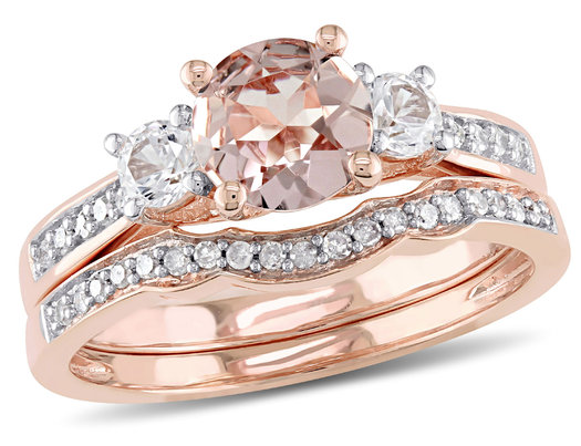 4/5 Carat (ctw) Morganite and Lab-Created White Sapphire with Diamond Bridal Wedding Set Engagement Ring in 10K Pink Gold