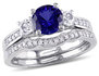 1 1/3 Carat (ctw) Lab-Created Blue & White Sapphire with Diamond Bridal Wedding Set Engagement Ring 10K White Gold