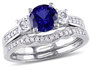 Created Blue and White Sapphire 1 1/3 Carat (ctw) with Diamond Bridal Wedding Set Engagement Ring 10K White Gold