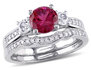 Created Ruby and White Sapphire 1 1/3 Carat (ctw) with Diamond Bridal Wedding Set Engagement Ring 10K White Gold