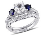 Created White & Created Blue Sapphire 2 Carat (ctw) with Diamond 1/3 Carat (ctw) Engagement Ring and Bridal Wedding Set 10K White Gold