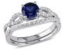 Created Blue Sapphire 1.0 Carat (ctw) Engagement Ring and Bridal Wedding Set with Diamond, 10K White Gold