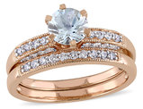 3/4 Carat (ctw) Aquamarine with Diamond 1/3 Carat (ctw) Bridal Set Ring in 10K Pink Gold
