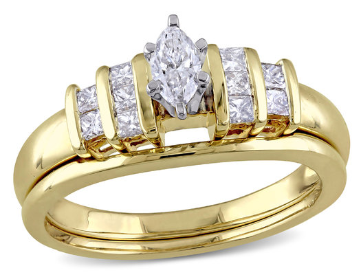 Marquise Cut 1/2 Carat (ctw Color H-I Clarity I2-I3) Diamond Engagement Ring & Wedding Band Set in 14K Gold