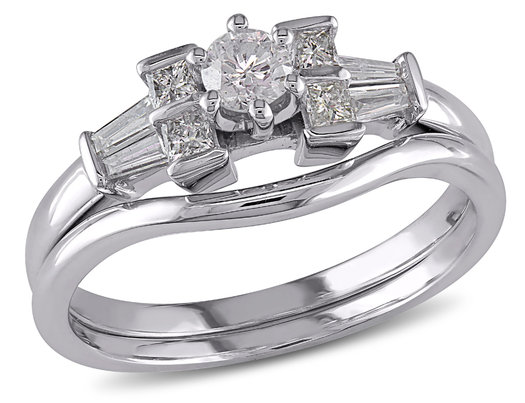 1/2 Carat (ctw H-I , I2-I3) Diamond Engagement Ring & Wedding Band Set in 10K White Gold