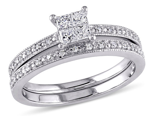 1/3 Carat (ctw Color H-I Clarity I2-I3) Princess Cut Diamond Engagement Ring & Wedding Band Set in 10K White Gold