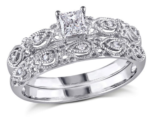 Princess Cut Diamond Engagement Ring & Wedding Band Set 1/3 Carat (ctw) in 10K White Gold