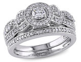 Diamond Halo Engagement Ring and Wedding Band Set 1/2 Carat (ctw) in 10K White Gold