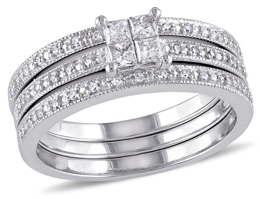 Princess Cut Diamond Engagement Ring & Wedding Band Set 3/8 Carat (ctw Color H-I Clarity I2-I3) in 10K White Gold