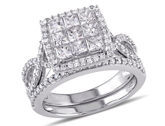 1.50 Carat (ctw) Princess Cut Diamond Engagement Ring & Wedding Band Set 10K White Gold