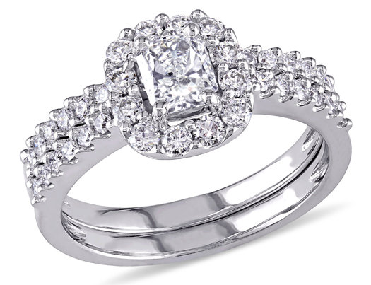 Diamond Halo Engagement Ring & Wedding Band Bridal Wedding Set 1.16 Carat (ctw Color H-I, Clarity I2-I3) in 14K White Gold