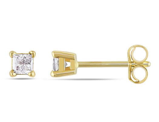 1/4 Carat (ctw I2-I3, I-J) Princess Cut Diamond Solitaire Stud Earrings in 14K Yellow Gold