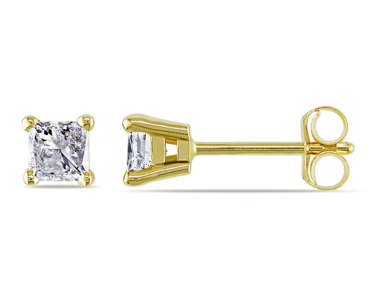 1/2 Carat (ctw Clarity I2-I3 Color I-J) Princess Cut Diamond Solitaire Stud Earrings 14K Yellow Gold