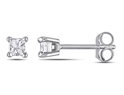 Princess Cut Diamond Solitaire Stud Earrings 1/4 Carat (ctw I2-I3, I-J) in 14K White Gold