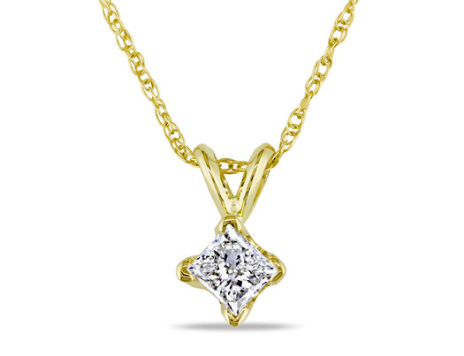 Princess Cut Diamond Solitaire Pendant 1/3 Carat (ctw) in 14K Yellow Gold with Chain