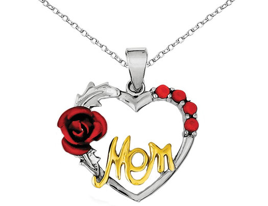 Vermeil Red Flower Heart Mom Pendant Necklace in Sterling Silver with Synthetic Cubic Zirconia