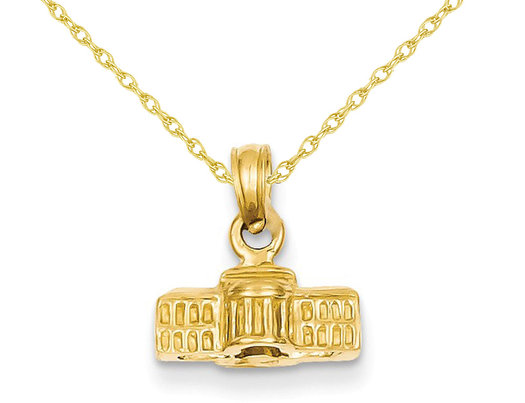 14K Yellow Gold White House Charm Pendant Necklace with Chain 