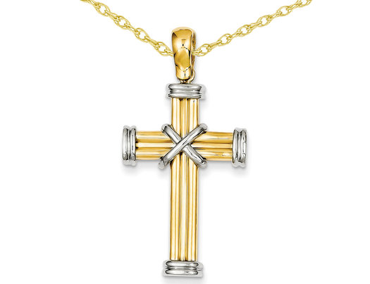 14K Yellow and White Gold Latin Cross Pendant Necklace with Chain 