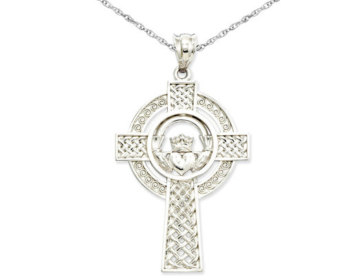 14k White Gold Celtic Claddagh Cross Pendant Necklace with Chain.