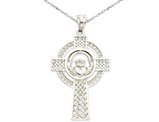 14k White Gold Celtic Claddagh Cross Pendant Necklace with Chain.