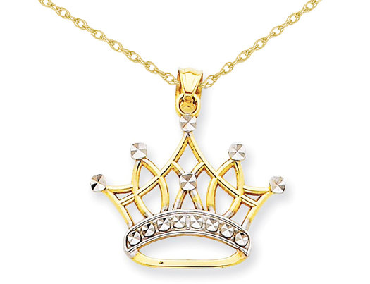 14K Yellow and White Gold Crown Pendant Necklace with Chain