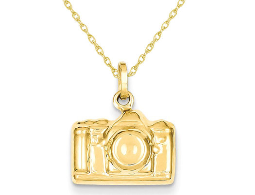 Polished Camera Charm Pendant Necklace in 14K Yellow Gold with Chain