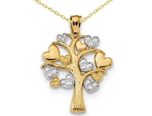 14K Yellow and White Gold Tree of Life with Hearts Pendant Necklace with Chain