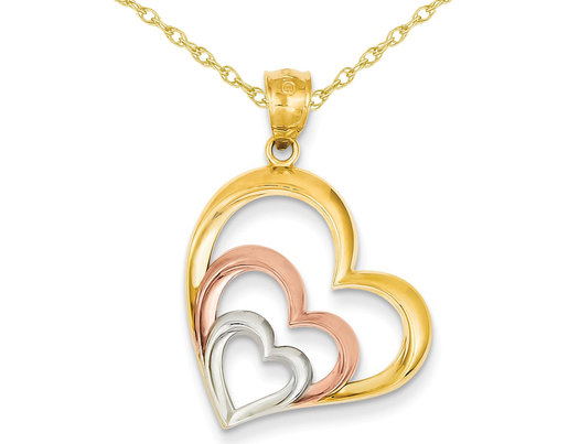 Triple Open Heart Pendant Necklace in 14K Pink and Yellow Gold