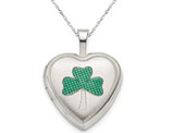 Green Enamel Clover Heart Locket in Sterling Silver 16mm 