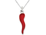 Red Enamel Italian Horn Pendant Necklace in Sterling Silver