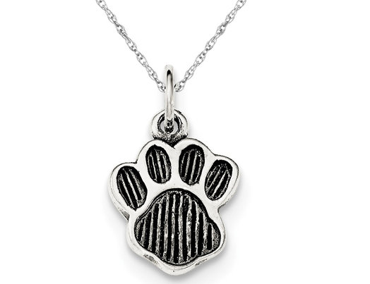 Antiqued Paw Pendant Charm Necklace in Sterling Silver Polished