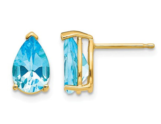 9x6mm Natural Pear Shaped Blue Topaz Post Earrings in 14K Yellow Gold