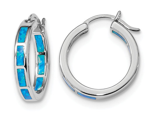 Synthetic Blue Opal In & Out Hoop Earrings in Sterling Silver