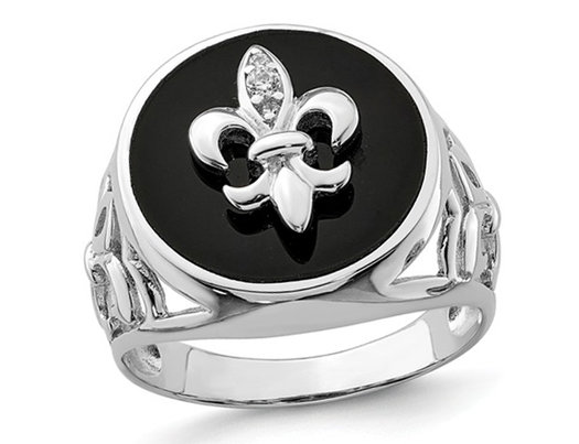 Men S Fleur De Lis Synthetic Cubic Zirconia And Black Onyx Ring In Sterling Silver Gem Harmony