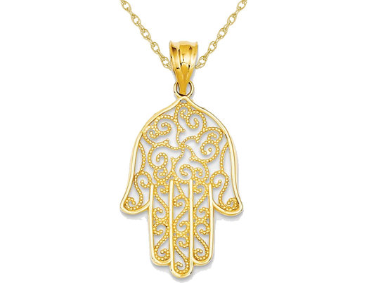 14K Yellow Gold Hamsa Filigree Pendant Necklace