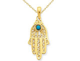 14K Yellow Gold Hamsa Synthetic Turquoise Filigree Pendant Necklace with Chain
