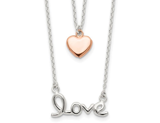 Sterling Silver Rose Pink Tone Love and Heart Necklace (18 Inche)