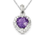 Purple Amethyst and Synthetic Cubic Zirconia Heart Pendant Necklace in Sterling Silver with chain