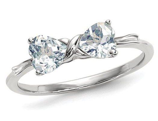 14K White Gold Aquamarine Double Heart Ring 4/5 Carat (ctw)