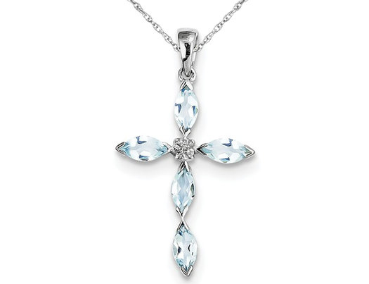 Sterling Silver Aquamarine Cross Pendant Necklace with Chain (1.00 Carat ctw)