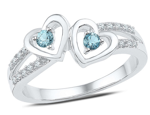 Twin Heart Created Aquamarine Promise Ring 1/8 Carat  in Sterling Silver