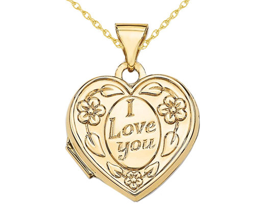 14K Yellow Gold Heart Shaped I Love You Locket Pendant Necklace