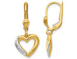 14K Yellow Gold Textured and Polished Heart Leverback Dangle Earrings