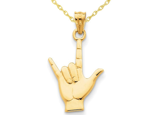 14K Yellow Gold Hand Sign Point Charm Pendant Necklace with Chain
