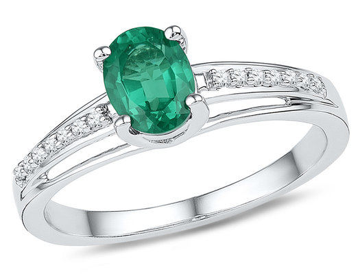 1/2 Carat (ctw) Lab-Created Emerald Ring in Sterling Silver with Diamonds 1/12 Carat (ctw)